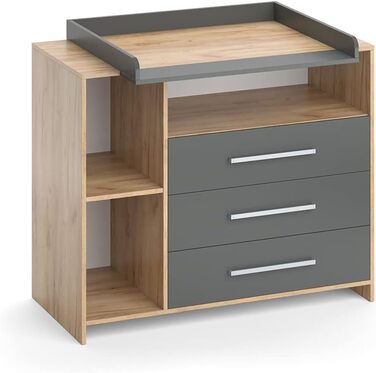 Пеленальний блок Vicco Oskar, золотий дуб/антрацит, 113 x 100 см золотий дуб 53D x 113W x 100H см (3 шухляди)