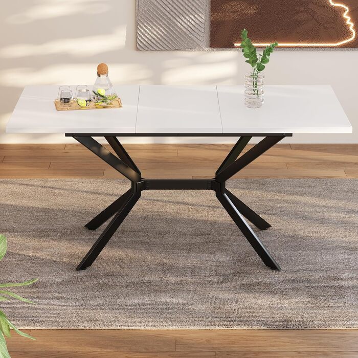 Розкладний обідній стіл Soweiz білий 120/160Д x 80Ш x 75В (см), чорні металеві ніжки, білий прямокутний обідній стіл, підходить для чотирьох-шести осіб, білий чорний 120/160Д x 80Ш x 75В (см)