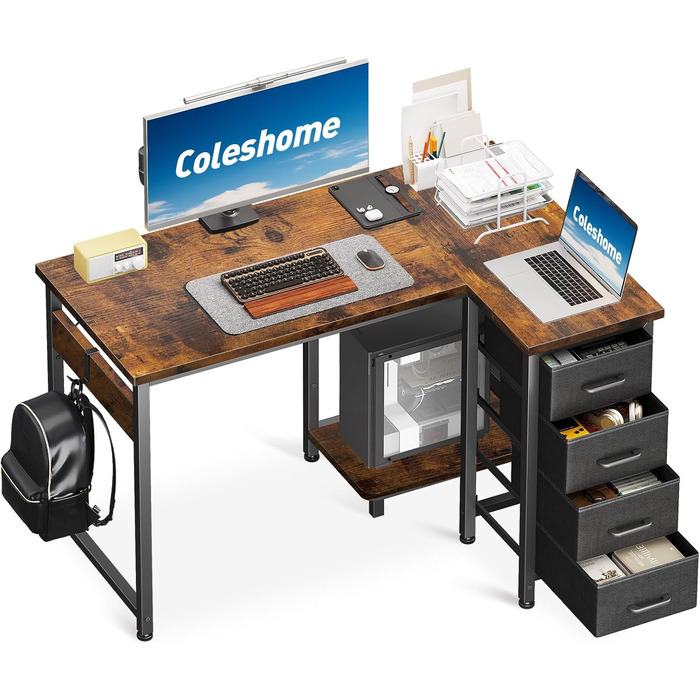 Кутовий письмовий стіл Coleshome, 100 x 70 см, метал / дерево, вінтажний коричневий