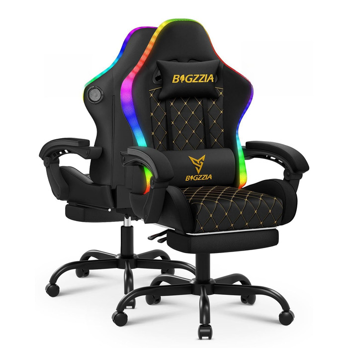 Ігрове крісло з RGB LED та Bluetooth-динаміком, ергономічне ігрове крісло з підставкою для ніг, підголівником, поперековою опорою, кутом нахилу 90135, ПК-крісло для підлітків та дорослих (чорне) Чорний колір зі світлодіодним підсвічуванням та Bluetooth