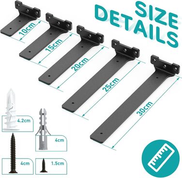 Кронштейни для полиць, 25 см, металеві опори для полиць з гвинтами, вантажопідйомність 70 кг, чорні, 25 см - 4 шт. у упаковці чорного кольору, 4