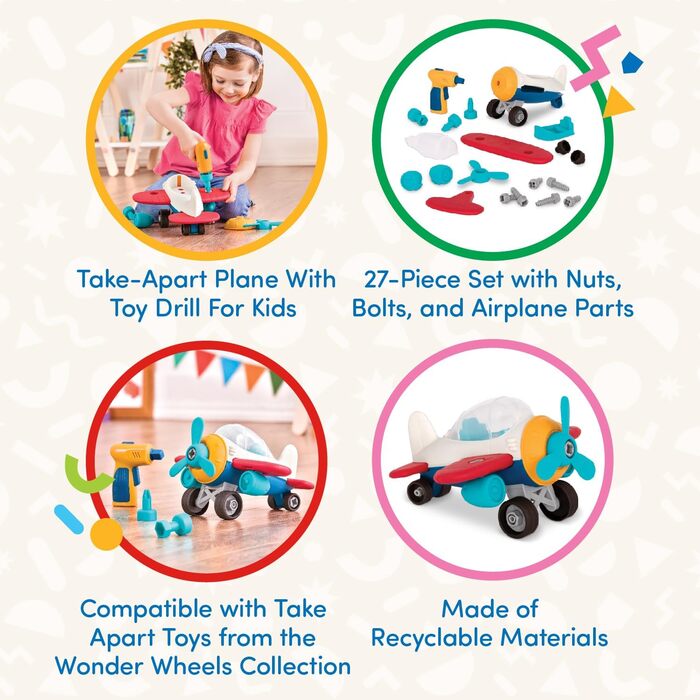 Іграшка-літак Wonder Wheels Іграшка-літак-конструктор з акумуляторною викруткою для дітей Навчальна іграшка для складання для дітей віком від 3 років (27 деталей), різнокольорова