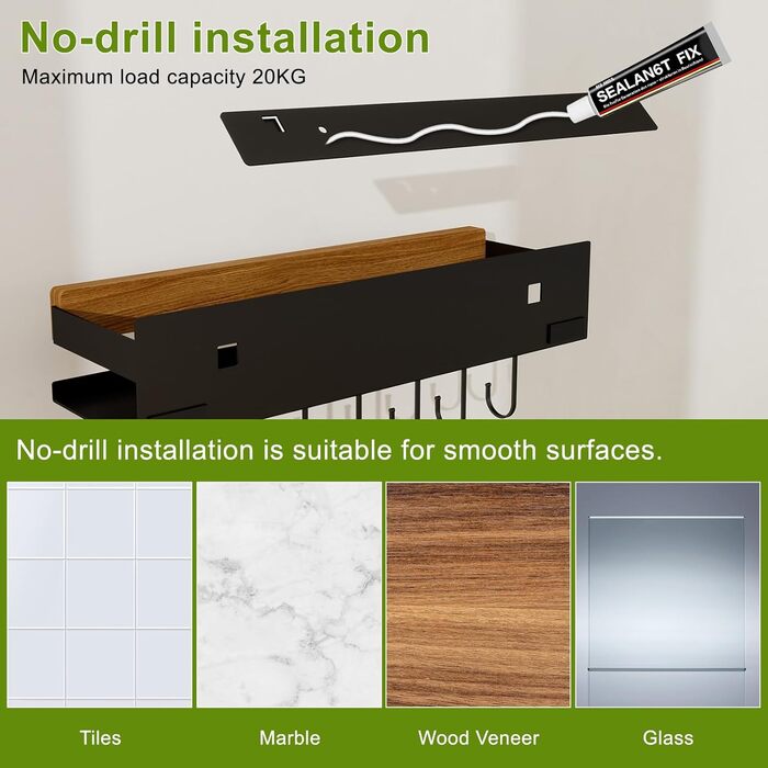 Дерев&39яна настінна підставка для спецій для кухні, підвішується на 6 гачках, вища та ширша, з горіховим покриттям. Органайзер для спецій, не потребує свердління, шурупи в комплекті.