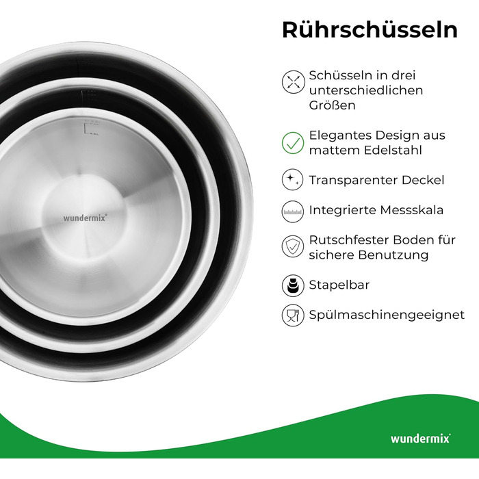 Набір мисок з нержавіючої сталі з 3 шт. з кришкою (1,5 л, 3 л, 5 л) Штабельовані та нековзні Набір мисок з кришкою Миски з нержавіючої сталі Миска для змішування, салатниця, миска для випічки