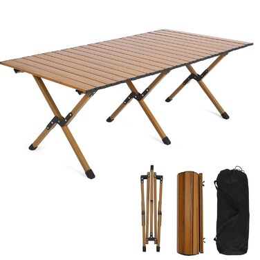Складаний кемпінговий стіл HAUSPROFI, складний стіл вантажопідйомністю 100 кг, портативний кемпінговий стіл із сумкою для пікніків, приготування їжі, саду, походів, подорожей, балконного столу, столу для пікніка, садового столу, 116x60 см, коричневого кол