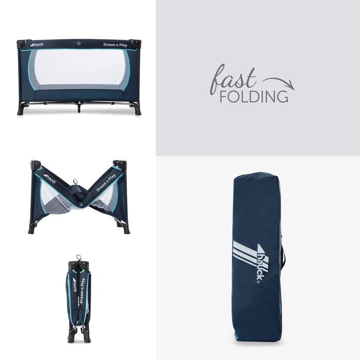 Дорожнє ліжечко hauck Dream N Play Plus з сумкою для перенесення та ігровою зоною, компактне та складне, дитяче дорожнє ліжечко для малюків від народження до 15 кг (темно-синій/аквамариновий) Blue Dream N Play Plus