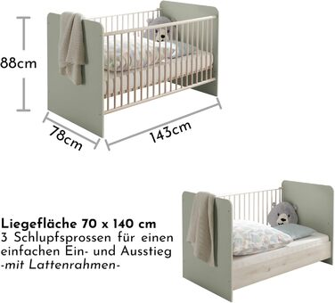 Дитяче ліжечко Stella Trading PRIZZI Safe 70x140 см, пастельно-зелений/золотистий - Функціональне дитяче ліжечко з регульованою по висоті рейковою основою - 78 x 88 x 143 см (Ш/В/Г) 78Д x 142Ш x 88В см, пастельно-зелений/золотистий