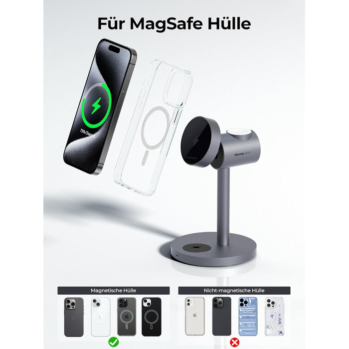 Зарядна станція AMEGAT для Apple Watch та iPhone, бездротовий зарядний пристрій MagSafe 3 в 1 15 Вт, включаючи 30 Вт зарядний прис