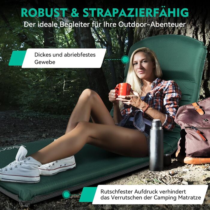 Самонадувальний килимок для сну HIKENTURE, пінопластовий кемпінговий матрац товщиною 8 см, самонадувальний повітряний матрац, зручний килимок для сну для використання на свіжому повітрі, намет, походи, темно-зелений