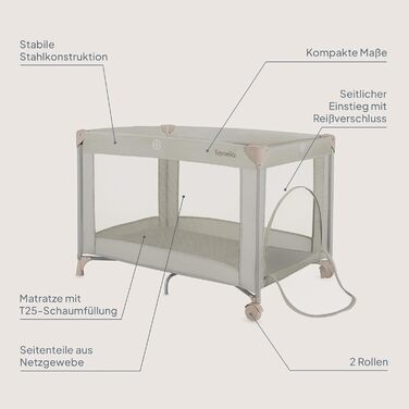 Дитяче ліжечко Lionelo Amelie, від народження до 15 кг, маленьке, складне, м&39який розкладний матрац, 100,5 x 70,5 см, 2 колеса, бічний вхід, дорожня сумка бежевого кольору