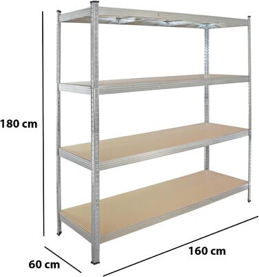 Стелаж TRUTZHOLM для важких умов експлуатації 180x160x60 см, вантажопідйомність 1000 кг, безболтовий стелаж, стелаж для зберігання, стелаж для підвалу, стелаж для майстерні, оцинкована сталь, 4 полиці