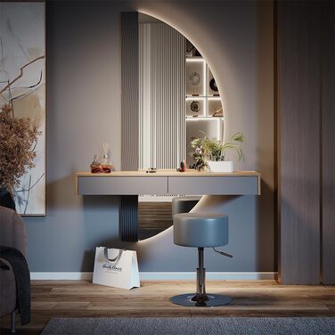 Туалетний столик Vicco Melisa, дуб/сірий, 120 см з підсвічуванням і табуретом Сірий зі світлодіодним дзеркалом і табуретом