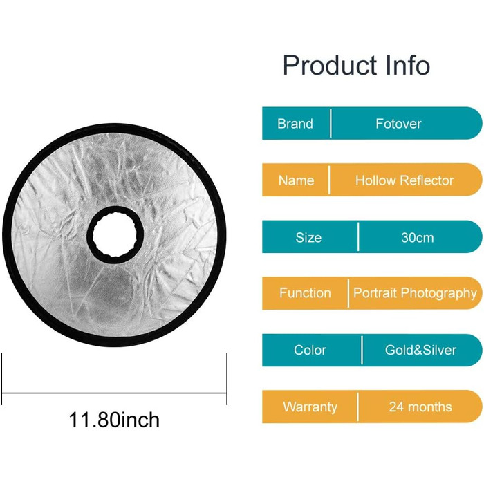 Фотовер 30 см 2 в 1 круглий складаний рефлектор порожнисті лінзи кріплення світловідбивач, золото срібло (12 дюймів) 30 см порожнисте золото срібло