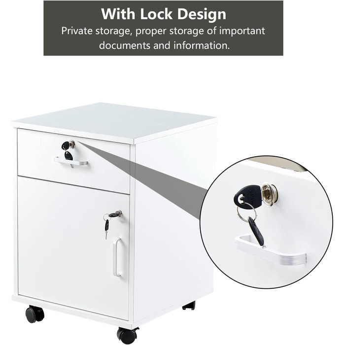 Шафа для документів на колесах із замком, дерев&39яна, з шухлядою та закритим місцем для зберігання, мобільна шафа під столом для паперу та папок формату А4, біла, 1 шухляда 1 дверцята для зберігання