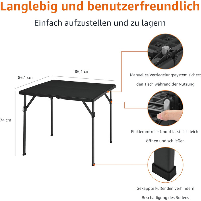 Складаний стіл Storeo Basics, квадратний, з ручкою для перенесення, для використання в приміщенні та на вулиці, портативний, легкий, дорожній стіл, для пікніка, кемпінгу, чорний, 86,1 x 86,1 x 73,9 см