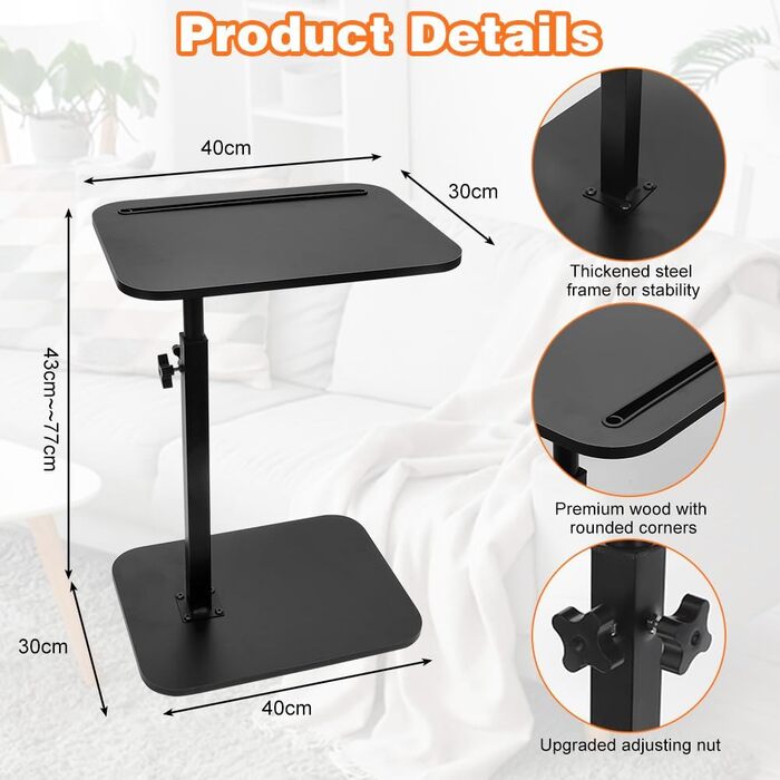 С-подібний бічний столик, поворотний на 360 та регульований по висоті диванний столик, журнальний столик, бічний столик, диванний столик, тумбочка для вітальні, спальні, ванної кімнати, ліжка (чорний)