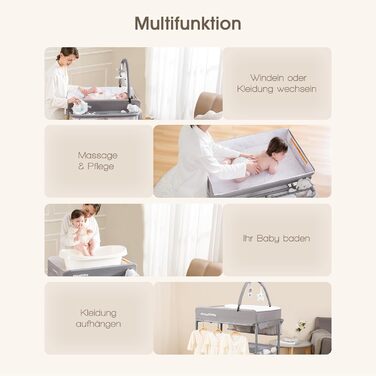 Портативний пеленальний столик Maydolly, багатофункціональний складний пеленальний столик, регульована висота з колесами та 2 кошиками для зберігання, водонепроникна подушка для пеленання, сірий