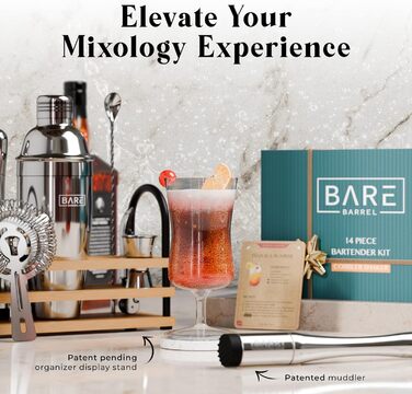 Набір бармена BARE BARREL Mixology, з 14 предметів, підставка та 35 карток рецептів у комплекті