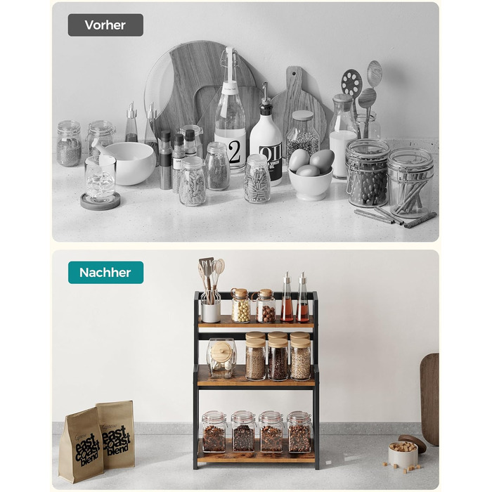 Рівнева полиця для спецій, кухонна полиця, полиця для зберігання, стільниця, бамбукова рама, для кухні, їдальні, офісу, вінтажний коричнево-чорний OFS047B01 3 яруси (41Ш см) вінтажний коричневий чорний, 3-