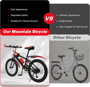 Дюймовий дитячий гірський велосипед, 7-швидкісний дитячий велосипед для хлопчиків та дівчаток з пляшкою для води, сумкою для зберігання, дзвіночком-компасом, велосипед з вуглецевої сталі, вантажопідйомність 85 кг, червоний, 20-