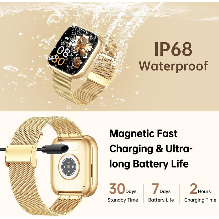Жіночий смарт-годинник із функцією телефону, сенсорний екран 1,85 дюйма, фітнес-трекер, понад 120 спортивних режимів, водонепроникність IP68, фітнес-годинник із серцевим ритмом, SpO2, монітором сну, крокоміром, смарт-годинник для iOS та Android, золотисти