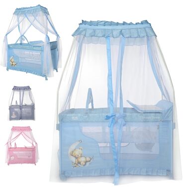 В-1 Дитяче ліжко та манеж, Ліжко-балдахін Magic Sleep з 2 рівнями, Дитяче ліжко від народження, Ліжко для подорожей, Пеленальний килимок, Колеса, Сумка, Світло-блакитний, 3-