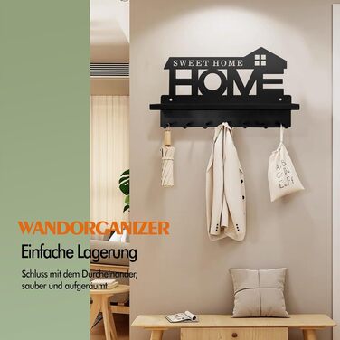 Ключниця з поличкою без свердління чорна, Ключниця сучасна, Ключниця настінна з 7 гачками для ключів і вішалкою, Ключниця для прик