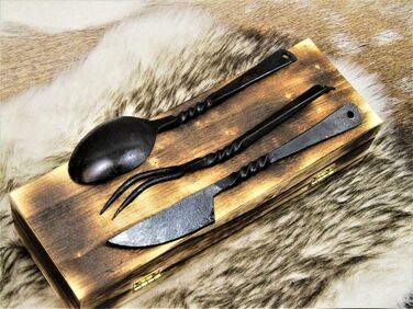 Середньовічний набір столових приборів, кована сталь ручної роботи, ніж, виделка, ложка 4261