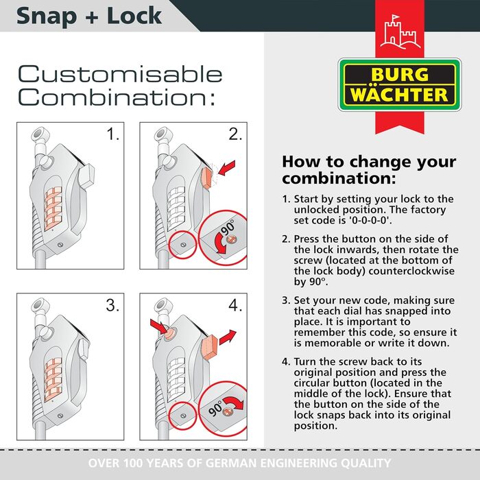 Замок сталевий тросовий з кодовим замком BURG-WCHTER, для велосипеда, мотоцикла, електросамоката, садових меблів, 720 200 SnapLock, чорний, 2м