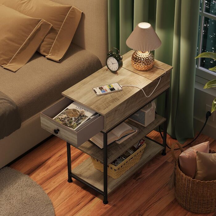 Журнальний столик WLIVE з розеткою, 3-рівнева тумбочка з місцем для зберігання, 2 розетки змінного струму, 2 USB-порти, складна стільниця, журнальний столик для вітальні, кабінету, сірий