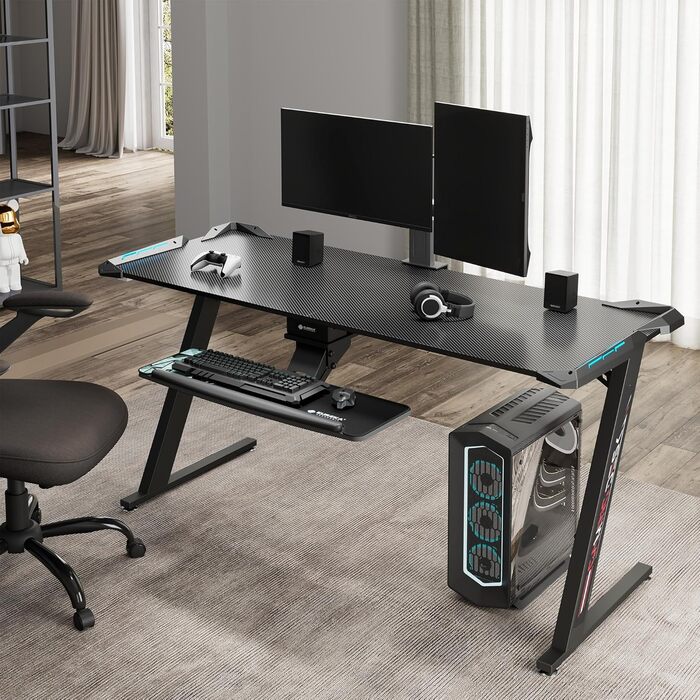 Ергономічний ігровий стіл Eureka 153 60 см, великий ігровий письмовий стіл зі світлодіодним підсвічуванням, ігровий ПК-стіл на карбоновому волокні
