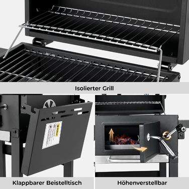 Вугільний гриль з кришкою та візком, BBQ коптильня, мобільний вугільний гриль на 2 колесах, з решіткою, термометром, компактний вугільний гриль-візок, регульований по висоті для кемпінгу та саду