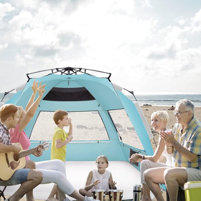 Пляжний намет Oileus XXL, сонцезахисний намет для 5-6 осіб, портативний сонцезахисний намет, миттєвий розкладний пляжний намет з сумкою для перенесення, кілочками, 6 мішками з піском, захист від ультрафіолету для риболовлі, походів, кемпінгу, небесно-блак