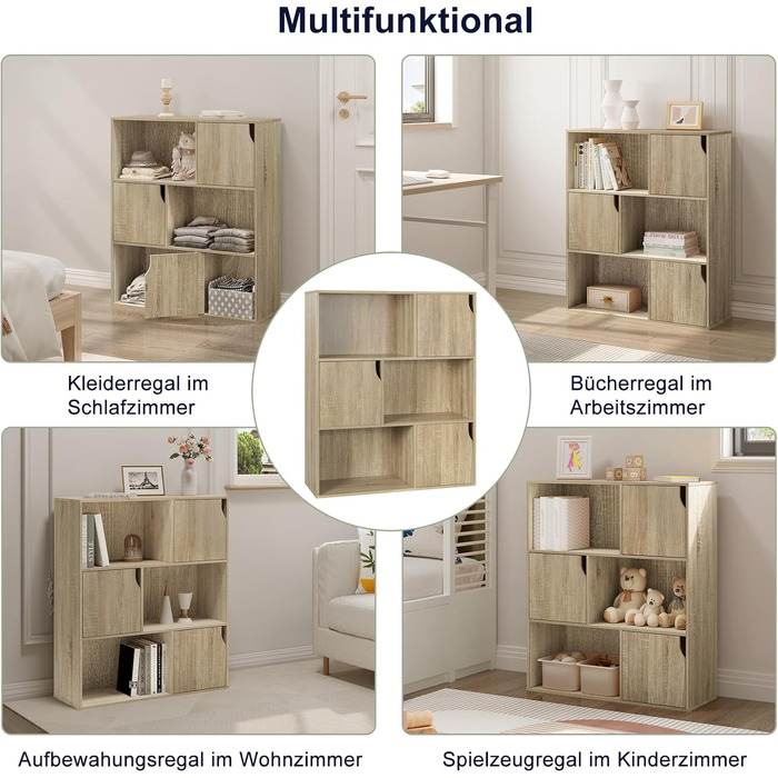 Книжкова полиця eSituro, стояча полиця з 3 дверцятами та 9 відділеннями, кубічна полиця, полиця для дитячого офісу, окремостояча полиця для вітальні, спальні, світлий дуб