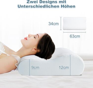 Подушка для шиї - ергономічна подушка з піни з ефектом пам&39яті для полегшення болю в шиї, подушка для підтримки шиї зі знімною наволочкою, для сну на боці, спині та животі, 63*34*12/9 см, біла