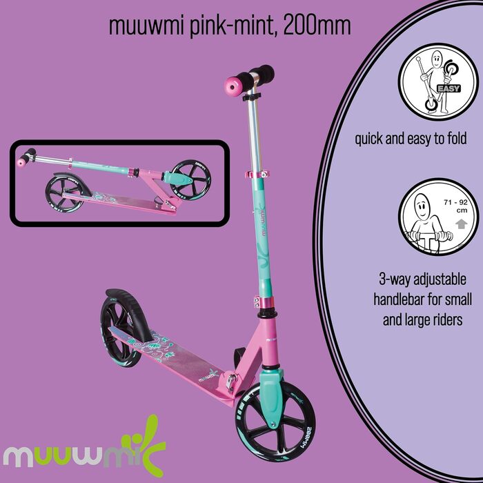 Алюмінієвий самокат muuwmi - самокат-кік, 200 мм, ABEC 5, GS-тест, регульований по висоті, дека XL, рожево-бірюзовий