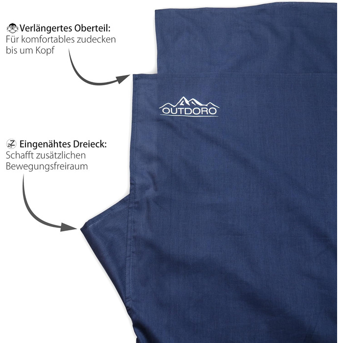 Спальний мішок Outdoro Hut, надлегкий дорожній спальний мішок - лише 350 г, виготовлений з чистої бавовни з кишенею для подушки - тонкий та компактний - підкладка, дорожнє простирадло синього кольору