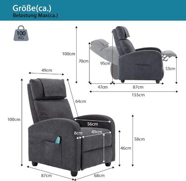 Крісло-реклайнер, крісло під телевізор з функцією відкидання, функція масажу, функція підігріву, масажне крісло з пультом дистанційного керування, тканинний шезлонг, сірий реклайнер з поліестерової суміші