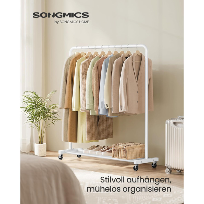 Вішалка для одягу SONGMICS, Штанга для одягу на колесах, Підставка для гардеробу, 2 колеса з гальмом, Спальня, Вантажопідйомність до 50 кг, 38 x 110 x 141,5 см, Матовий білий HSR016WG01 Матовий білий, одинарна рейка