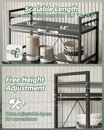 Розширювана полиця для мікрохвильової печі NETEL, 2-рівнева, полиця над мікрохвильовою піччю, підставка для мікрохвильової печі на стільницю, кухонна полиця для духовки/кавоварки, стабільна підставка для мікрохвильової печі з 8 гачками, чорна, 2-рівнева -