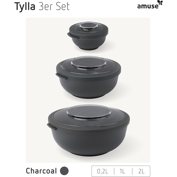 Набір з 3 мисок Amuse Tylla (200 мл, 1000 мл, 2000 мл) Герметичні контейнери для зберігання їжі з кришками для приготування їжі Контейнери для зберігання їжі без бісфенолу А для дітей та дорослих, можна мити в посудомийній машині Набір з 3 вугільних чашок