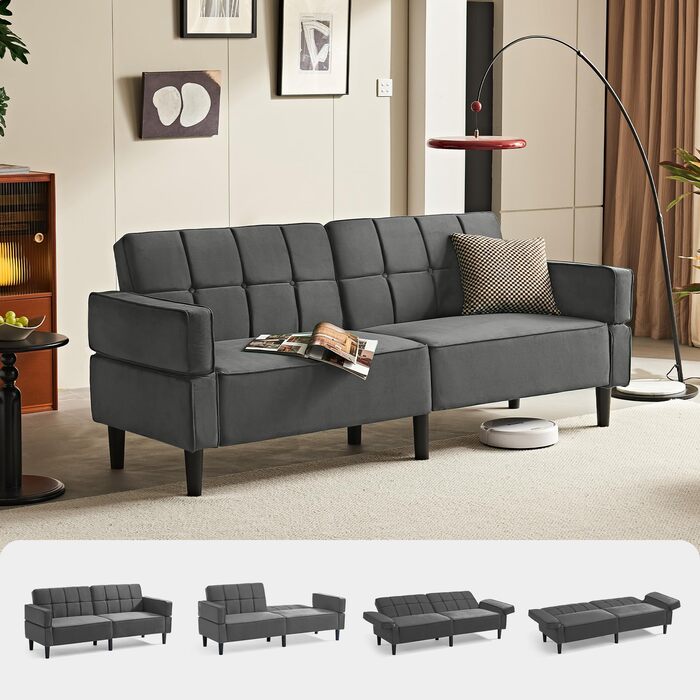 Диван LINSY HOME з функцією сну, розкладний диван з регульованою спинкою та підлокітниками, 3-місний диван з функцією ліжка з оксамитової тканини, спальна зона 230 x 100 см, ідеально підходить для вітальні (сірий)