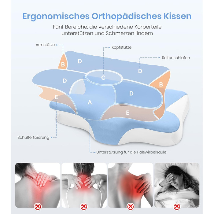 Подушка для шиї, ортопедична подушка з регульованою висотою з піни з ефектом пам&39яті, ергономічна подушка для шиї для сну на боці, спині та животі, подушка для сну на боці, 60x41,5x10/12 см, біло-синій