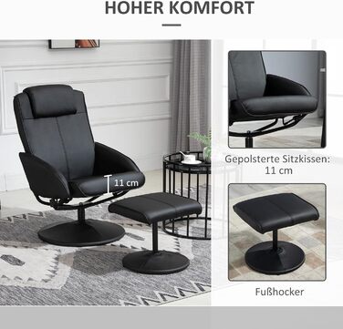 Крісло для телевізора HOMCOM з пуфом для ніг, поворотне на 360 з функцією відкидання, крісло для телевізора, крісло для читання для вітальні, спальні, штучна шкіра, чорний колір