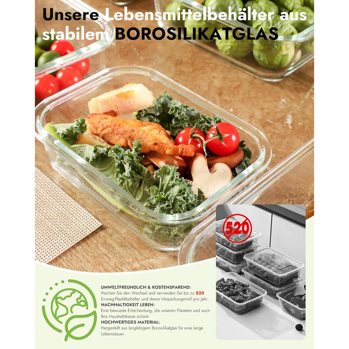 Скляні контейнери з кришками, набір з 12 шт. , високий вміст боросилікату, придатні для використання в мікрохвильовій печі, придатні для використання в духовці - 20510, з клапаном, можна мити в посудомийній машині ідеально підходить для контейнерів для зб