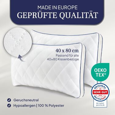 Високоякісні подушки Gentle North 40x80 см готельної якості - Комплект із 2 пухнастих, добре наповнених подушок для сну, підходять для алергіків (сертифіковані за стандартом Oeko-Tex Standard 100) - Можна прати при 60C 2 рази 40x80