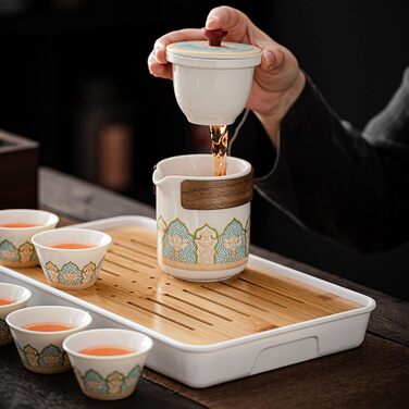 Китайський порцеляновий чайник fanquare з заварювальним блоком, керамічний чайний набір кунг-фу з дорожньою сумкою, ємністю для чаю та чайною дошкою, чайний набір з квітковим візерунком для дорослих, білий