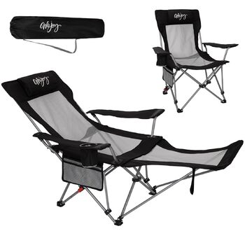 В-1 кемпінгове крісло 180 кг з підставкою для ніг, пляжне крісло з 4-позиційною регульованою спинкою, складне крісло-реклайнер з підсклянником, кемпінгове крісло для використання на свіжому повітрі, , чорний колір, 2-