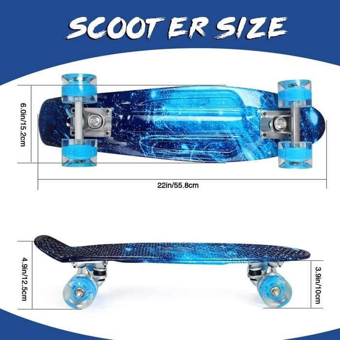 Скейтборд для дітей, підлітків та дорослих BELEEV Mini Cruiser Skateboard 22 Inch – Galaxy Blue, світлодіодні колеса з підсвічуванням