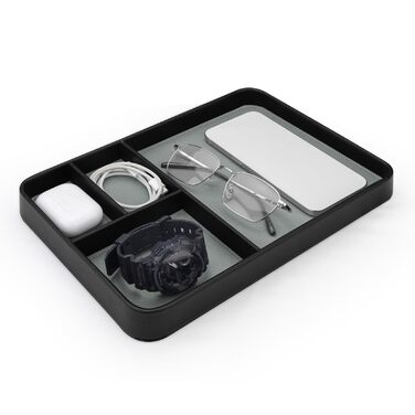 Чоловічий органайзер для столу, 4 відділення, високоякісна штучна шкіра, лоток для зберігання речей для всіх тумбочок, лоток для коштовностей, тумбочка для ключів, годинника, телефону, коштовностей, EDC, чорний